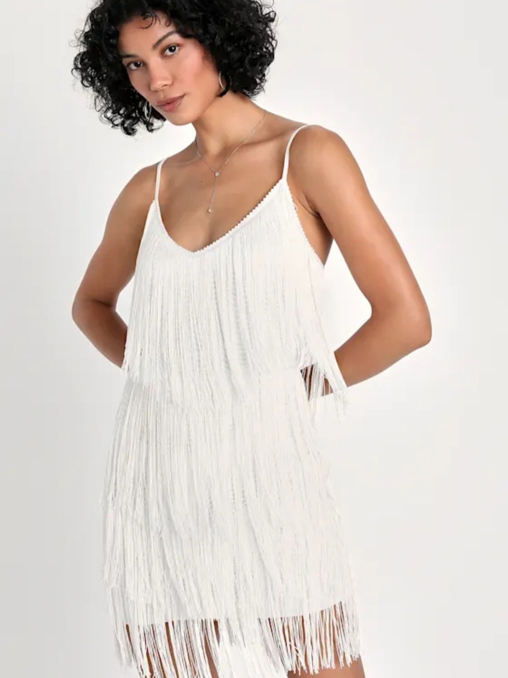 Women's White Fringe Slip Dress - Elegant Party Dress
